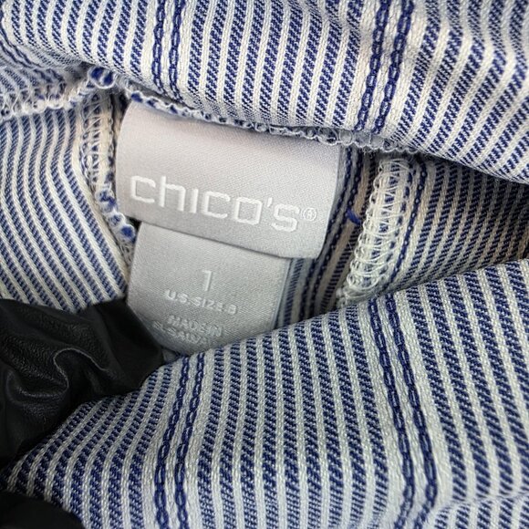 Chico's Pants Womens 8 Blue White Striped Straight Leg Stretch Side Slit Hem - Picture 10 of 14